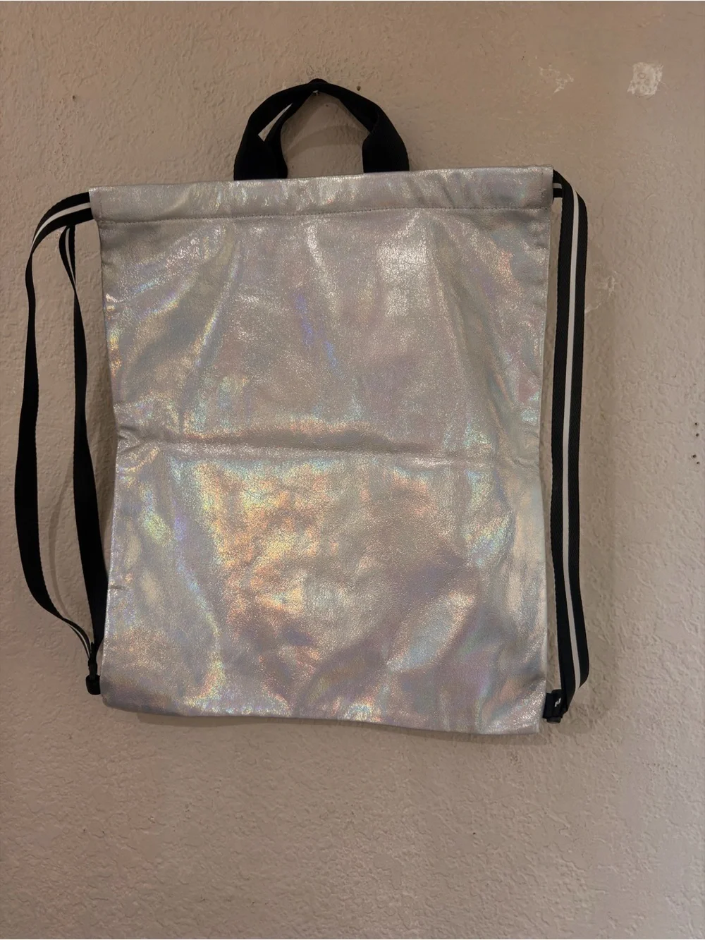 Victoria's Secret PINK Backpack Iridescent Silver Drawstring Logo Tote Bag NIP!